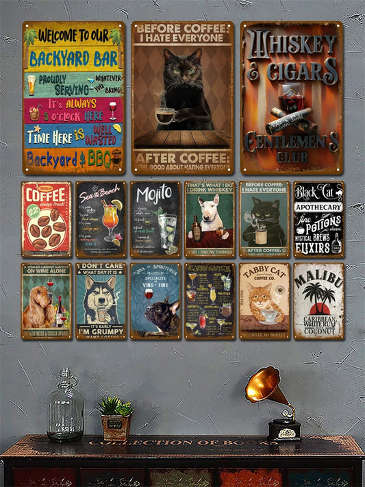 Collection of vintage-style metal signs with various designs and text on a gray wall.