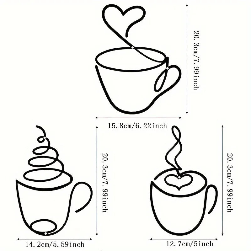 Illustrations of coffee cups with dimensions on a white background
