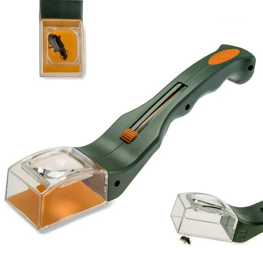 Green Insect Catcher with magnifying glass with orange accents on a white background