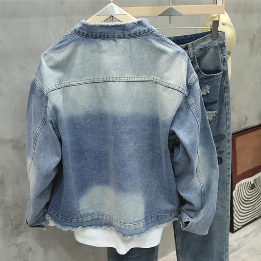 Men’s Fringed Denim Jacket – Casual Loose Fit with Pocket Detail
