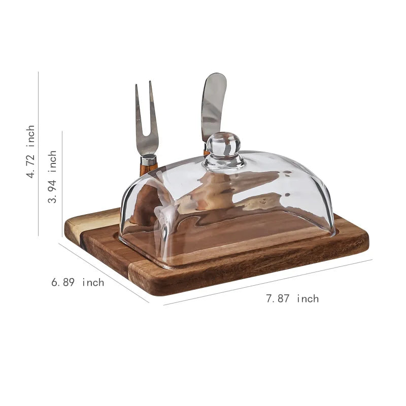 Acacia wood butter dish with clear glass dome and serving knife