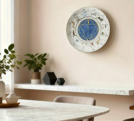 A round decorative wall plate featuring an astrological zodiac design, mounted on a beige wall above a white marble shelf in a modern dining room setting. Red text at the top reads 'non-food contact'.