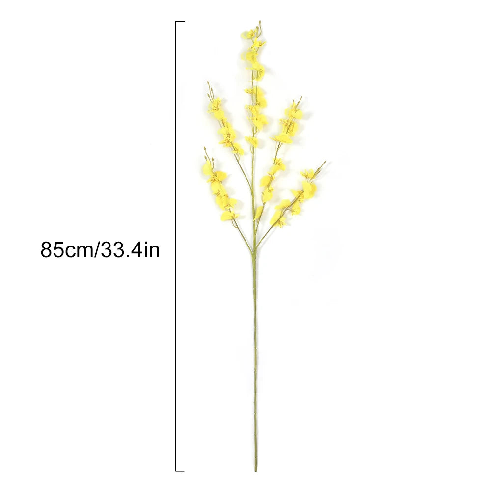 Yellow artificial flower stem with measurement label on a white background