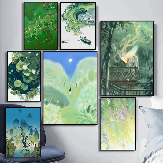 Green Jiangnan self-adhesive landscape art poster in modern Asian style for living room wall decor