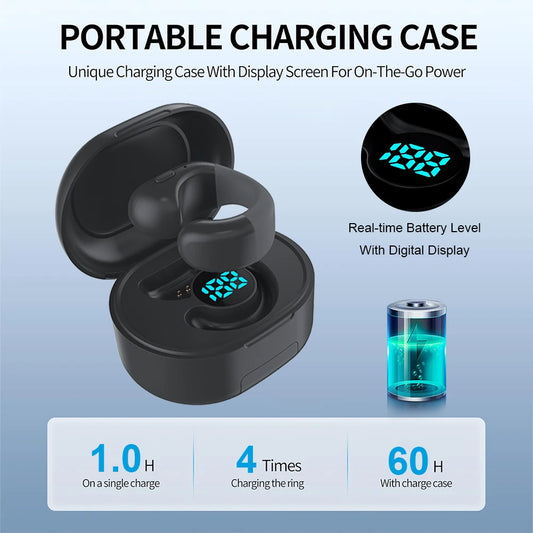 Black portable charging case with digital display for wireless earbuds on a light blue background