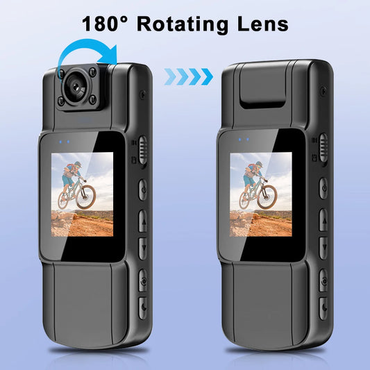 Body camera with 180-degree rotating lens on a blue background