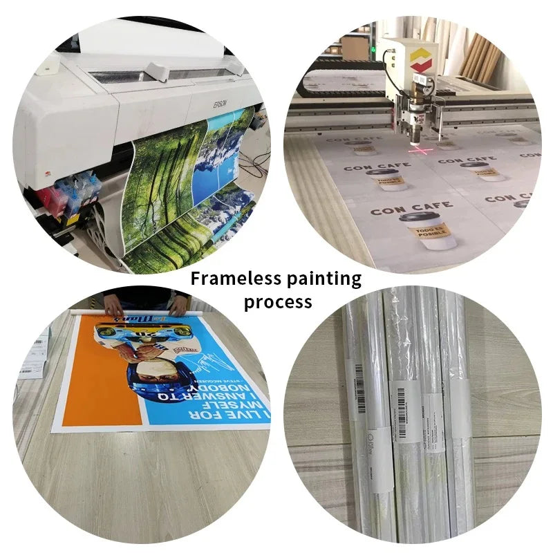 Collage of images showing the frameless painting process with a printer, cutting machine, and printed poster.