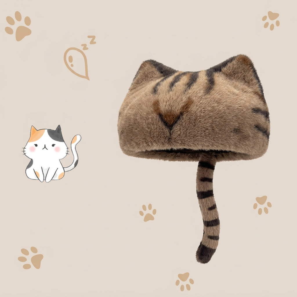 A cat-shaped wool hat in brown and black stripes, shown on a beige background with paw prints, a sleeping cat illustration.