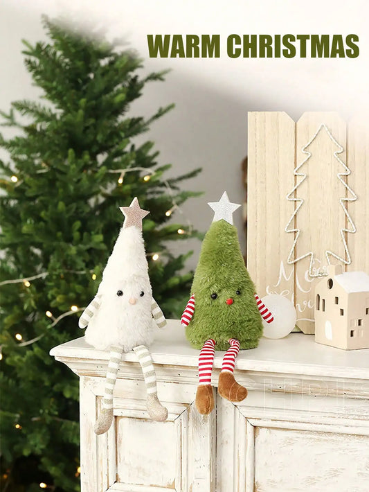 Decorative Christmas scene with two plush figures on a mantelpiece, a tree in the background, and 'Warm Christmas' text.