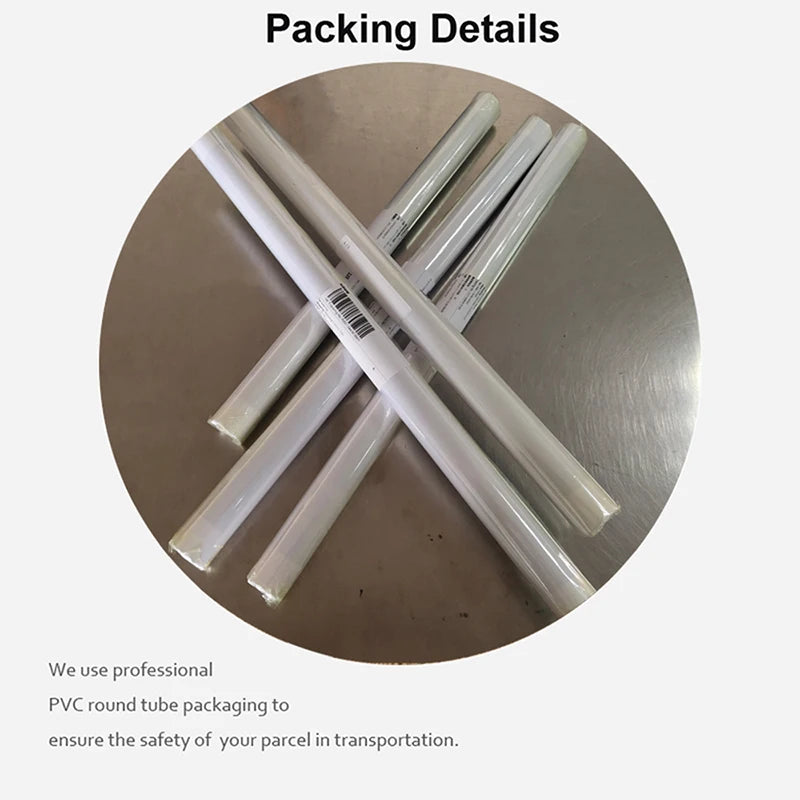 White PVC round tubes on a metallic surface with text about packaging details.