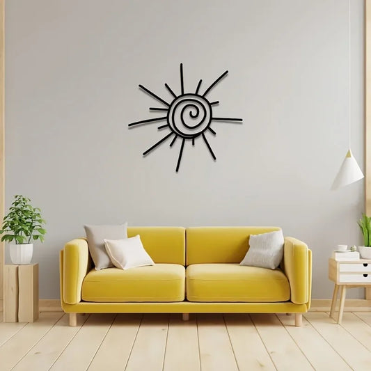 large-metal-sun-wall-art-modern-garden-decor in a moden lounge above a yellow sofa