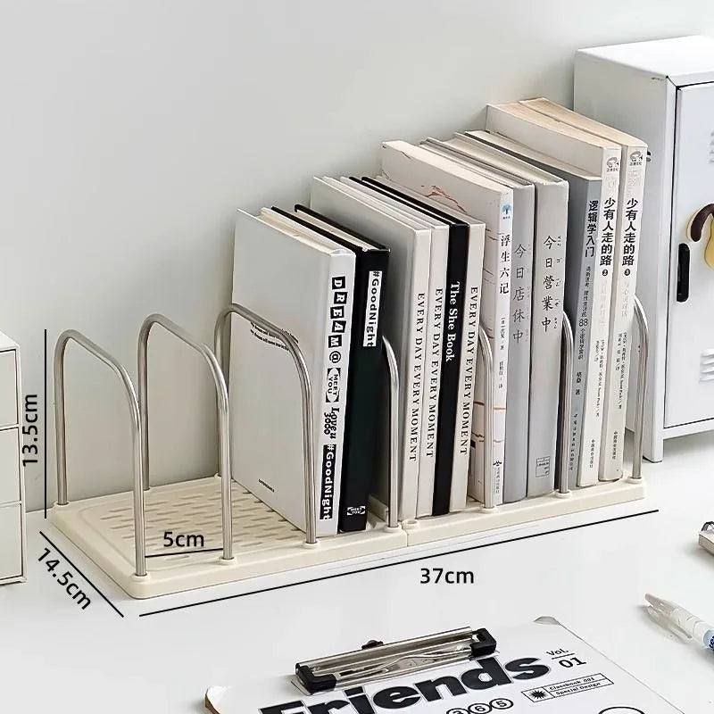 Bookend holding books with measurements on a white surface