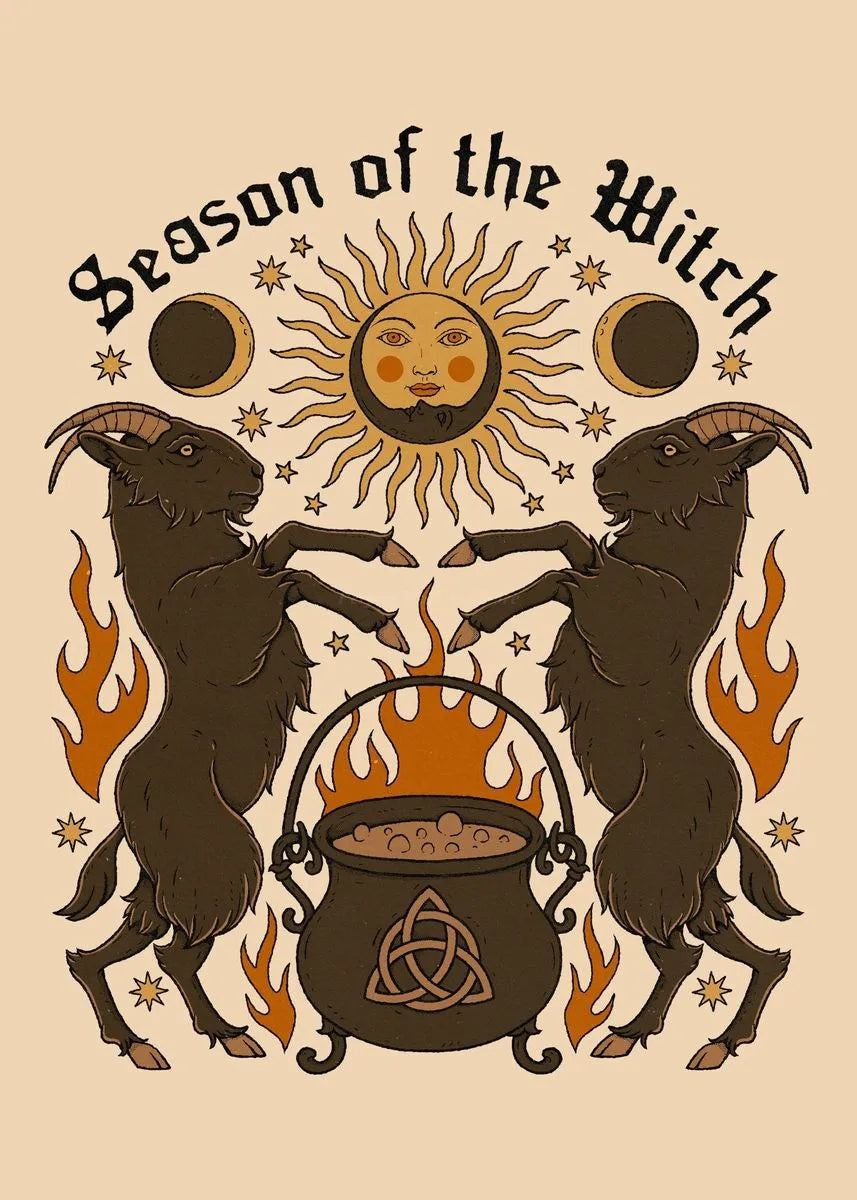 Decorative design with goats, sun, moon, and cauldron on a beige background with text 'Season of the Witch'.
