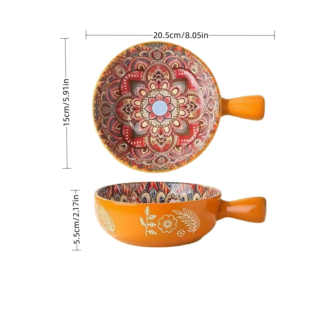 Decorative ceramic dish with mandala design and measurements on a white background
