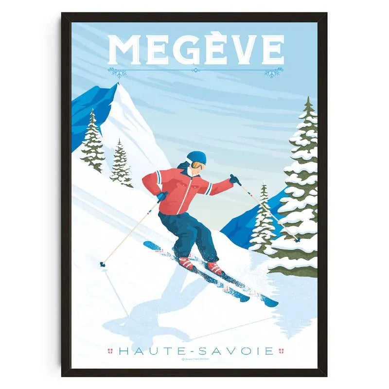 Skiing poster with a skier in Megève, Haute-Savoie