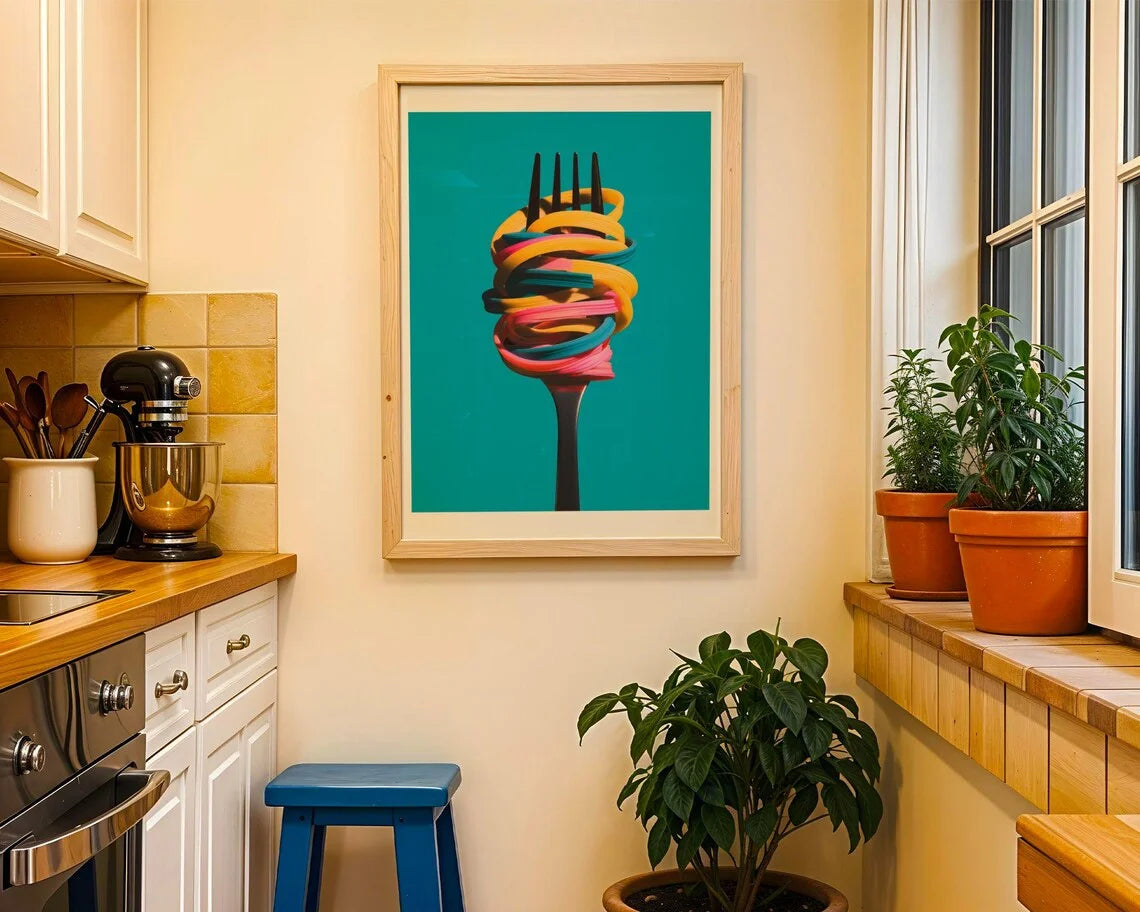 Colorful abstract art print on a wall in a kitchen with plants and a blue stool.