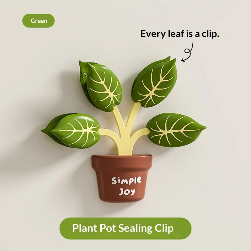 Plant pot sealing clip with leaf-shaped clips on a light background