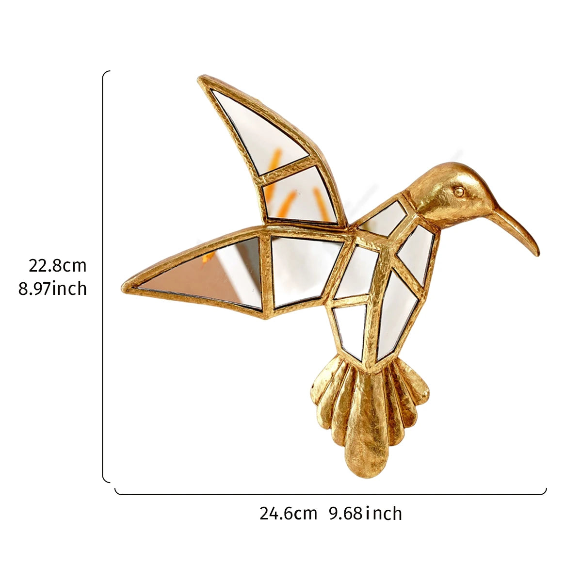 Gold and white geometric bird ornament with measurements on a white background