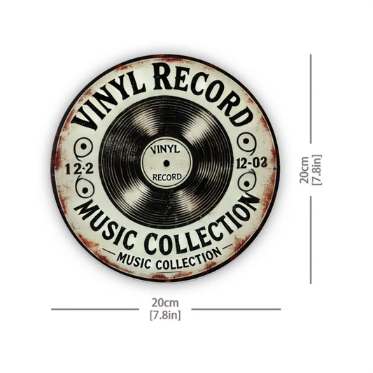 Decorative sign with vinyl record design and text 'Vinyl Record Music Collection' on a white background.