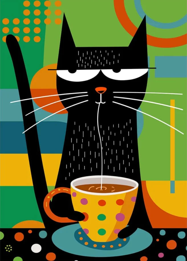 Illustration of a black cat with a polka dot cup on a colorful background