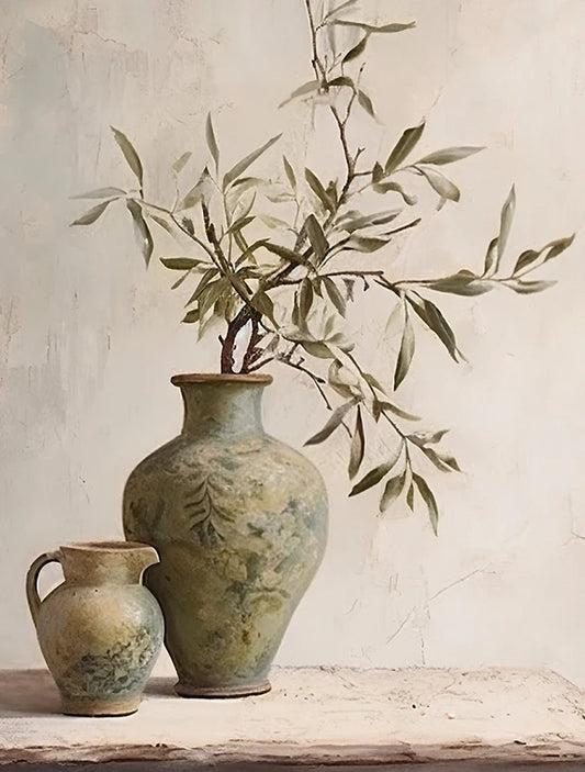 Two ceramic vases with a branch on a wooden surface against a textured wall.