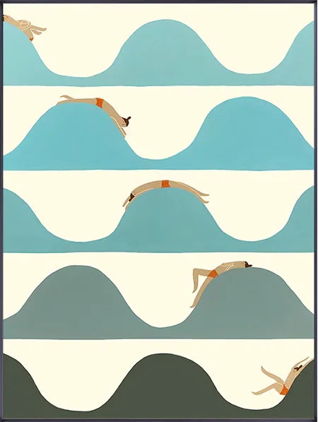 Pattern of people diving into wavy lines on a beige background