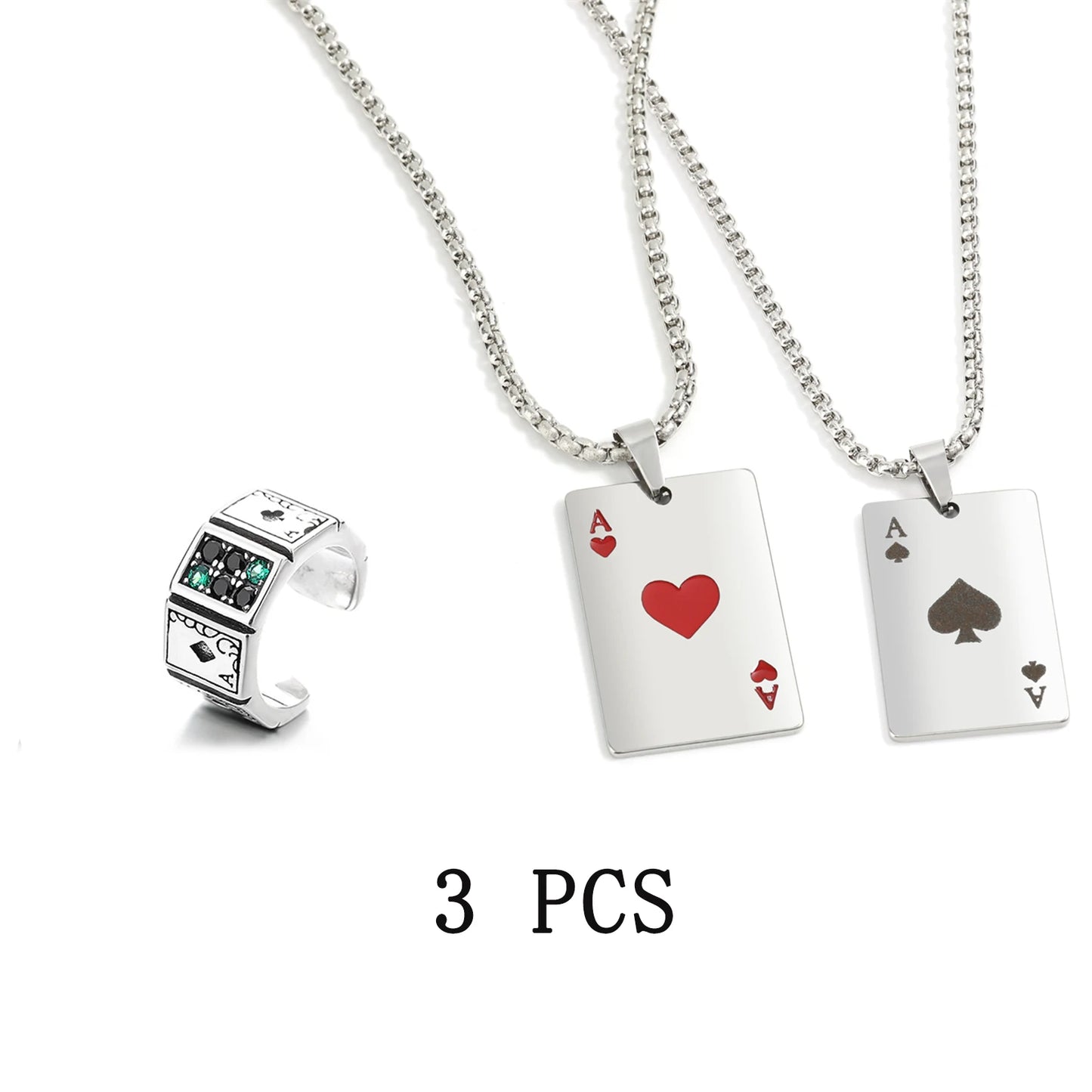 Ace of spades and ace of hearts playing card stainless steel pendant necklaces on chains. 3 pieces shown including a ring