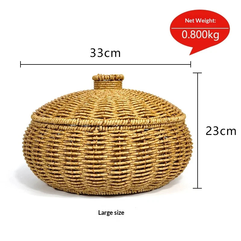 Woven basket with lid and measurements on a white background