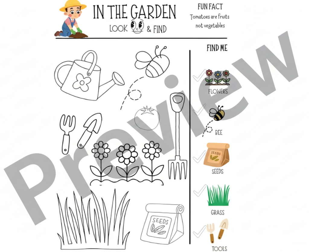 Gardening-themed look and find activity sheet with illustrations and text.