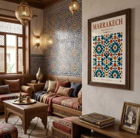 A framed art print featuring a colorful Moroccan tile pattern and the text 'MARRAKECH MOROCCO' hangs on a wall in a beautifully decorated traditional Moroccan living room with wooden furniture, cushions, and hanging lanterns.