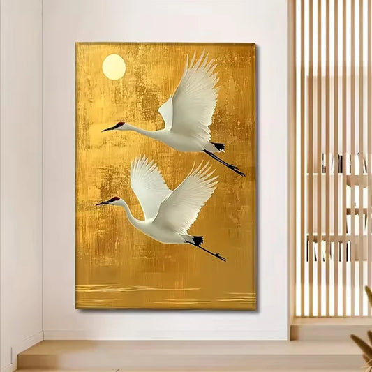 Modern Japanese crane wall art poster with white birds and golden sun on canvas
