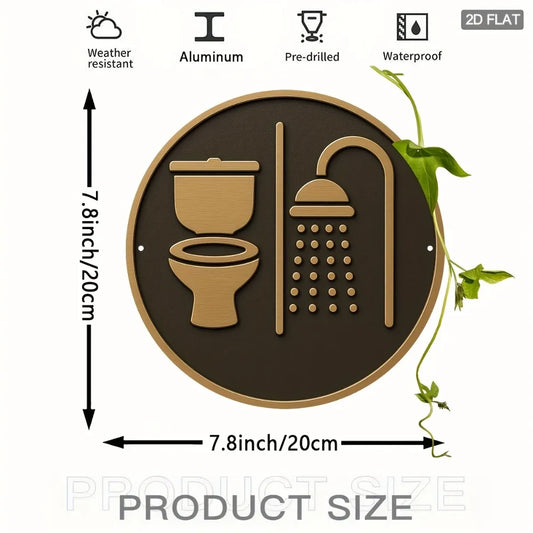 Product size chart with toilet and shower icons on a brown background
