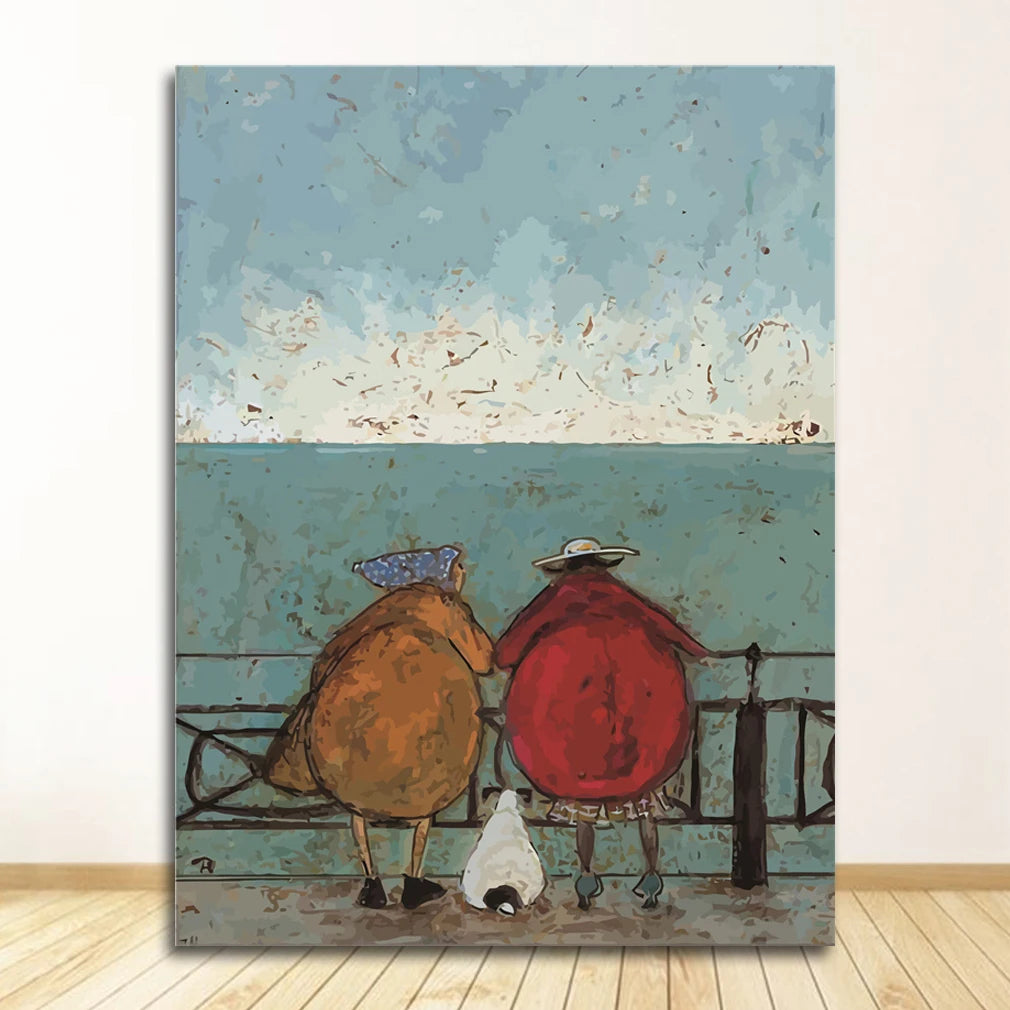 Painting of two birds sitting on a fence with a dog below, against a textured blue sky.