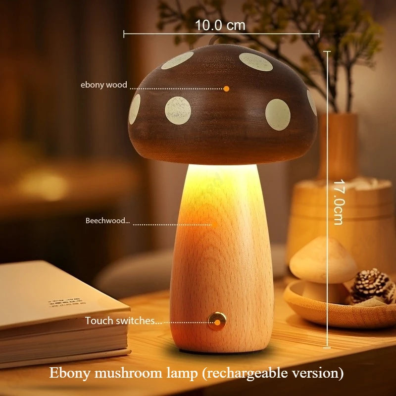 wooden mushroom LED night light glowing warm on bedside table cosy ambient lamp
