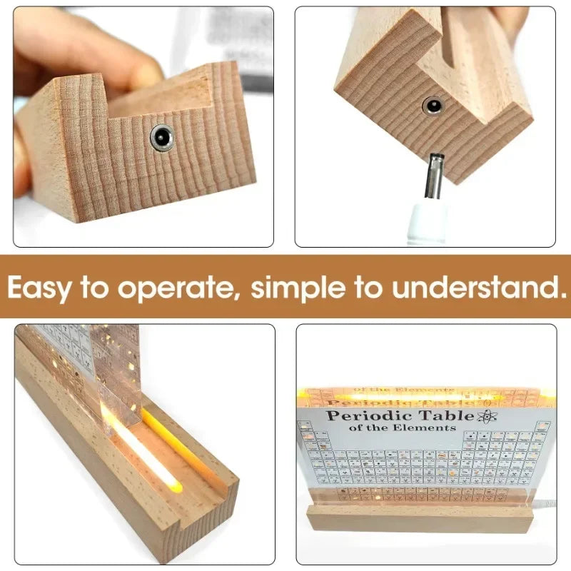 Wooden device with a small screen and periodic table, labeled 'Easy to operate, simple to understand'.