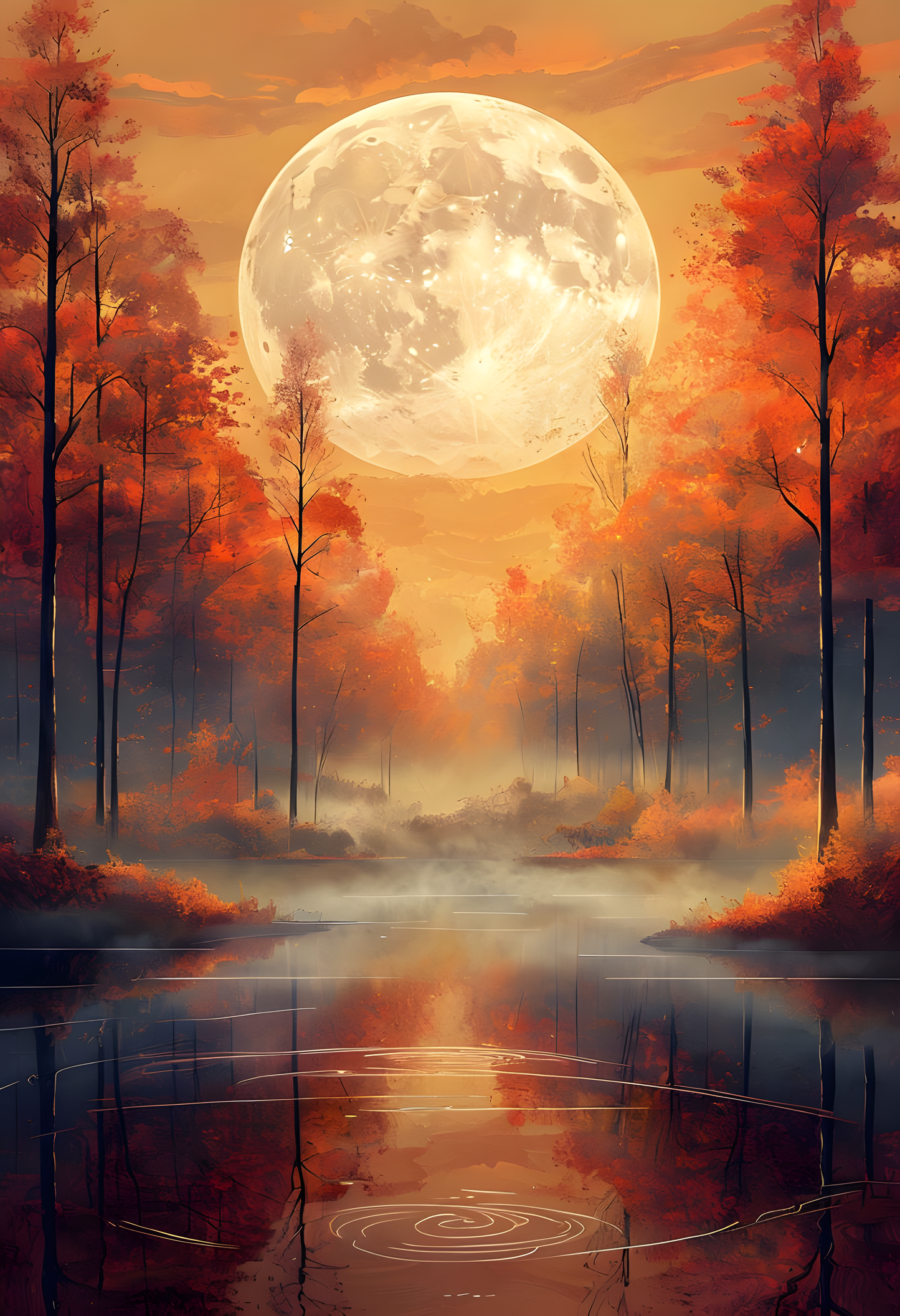Experience the tranquility of nature with our "Serene Autumn Landscape with Luminous Full Moon" Art Poster