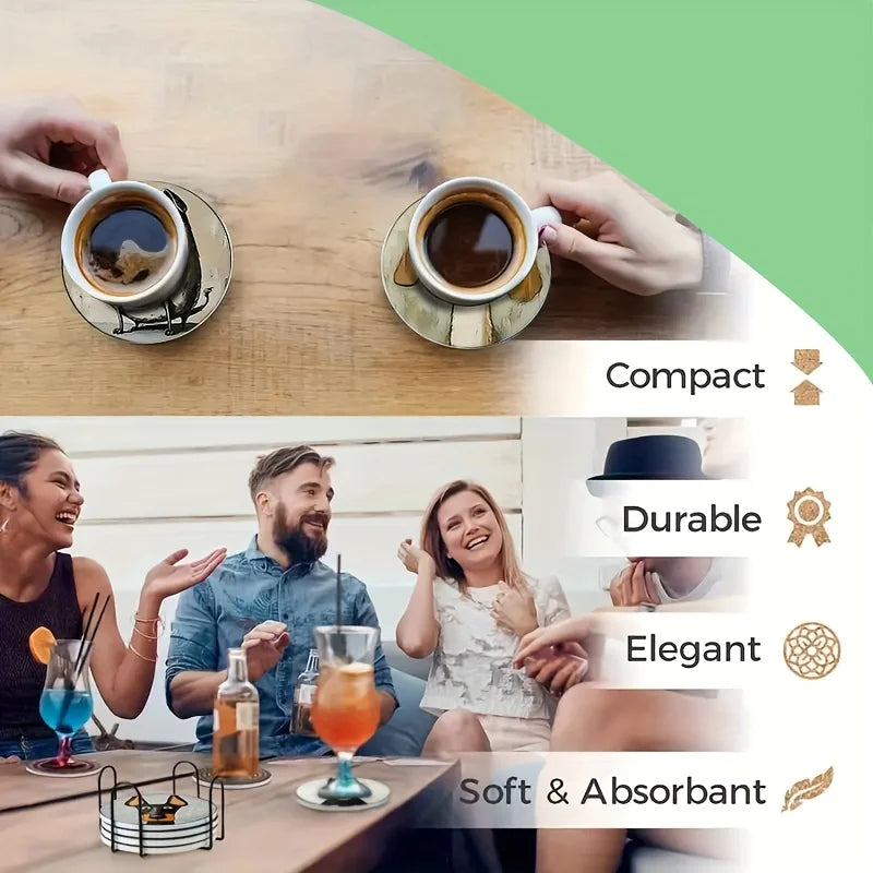 Two people holding coffee cups with text highlighting features like compact, durable, elegant, and soft & absorbent.