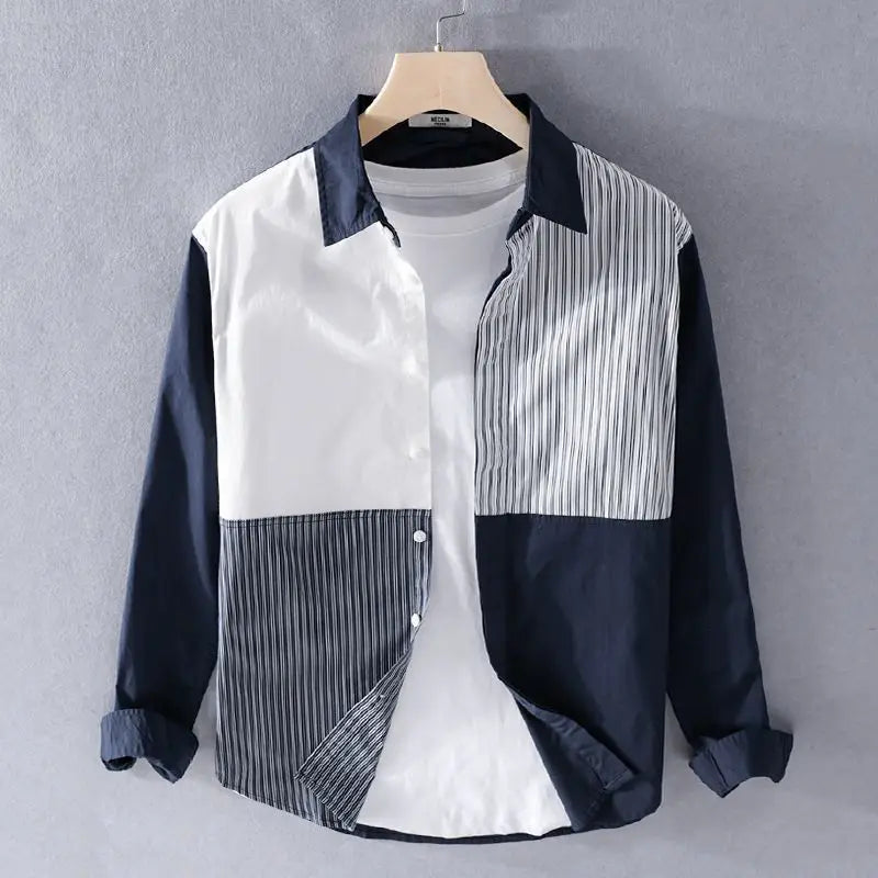 Men’s patchwork striped long sleeve shirt with contrast white or blue collar.
