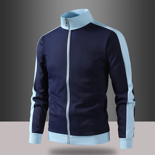 Navy blue jacket with light blue accents on a gradient background