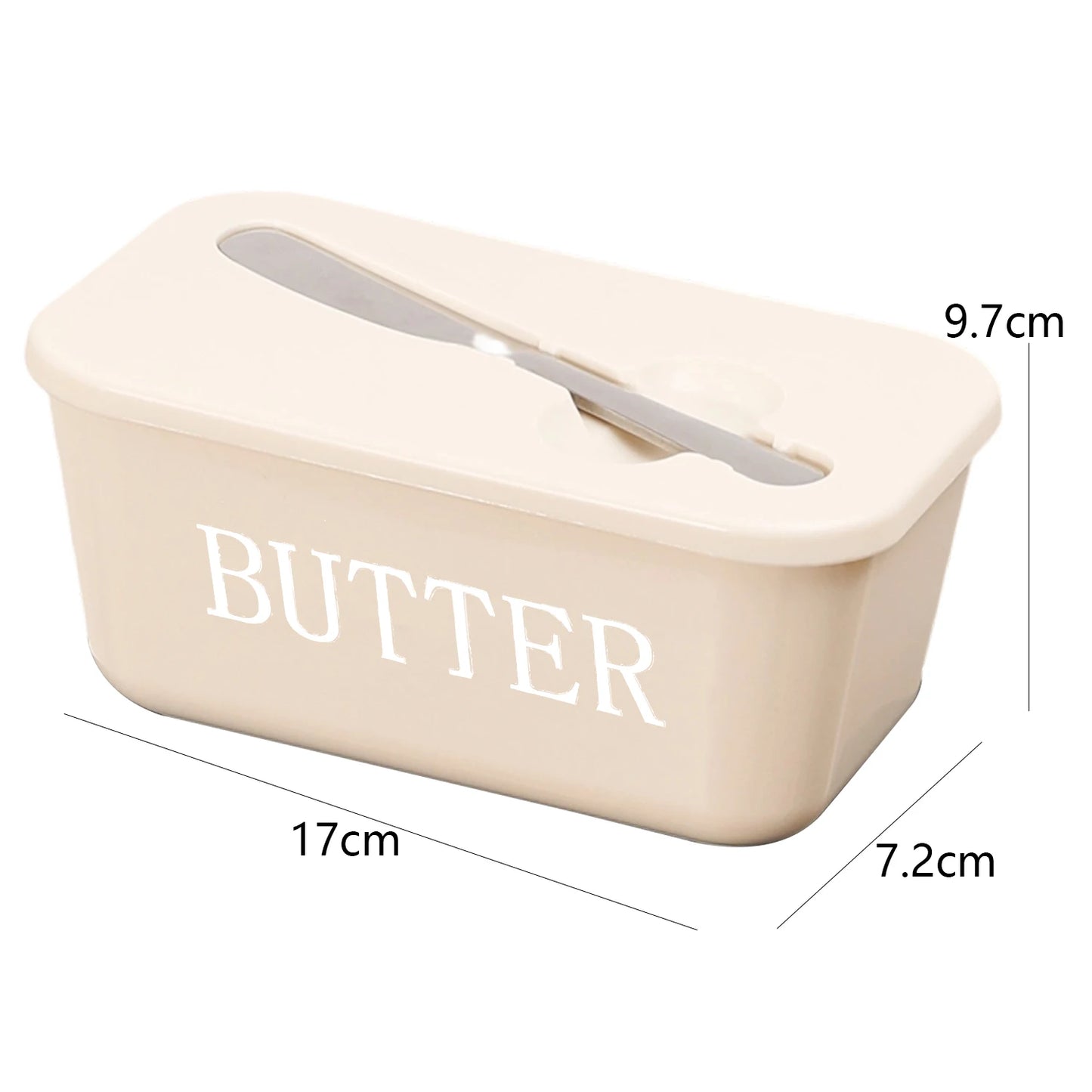 Beige butter container with a knife on a white background