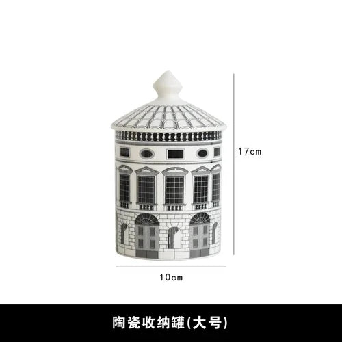 Decorative ceramic container with architectural design and measurements on a white background
