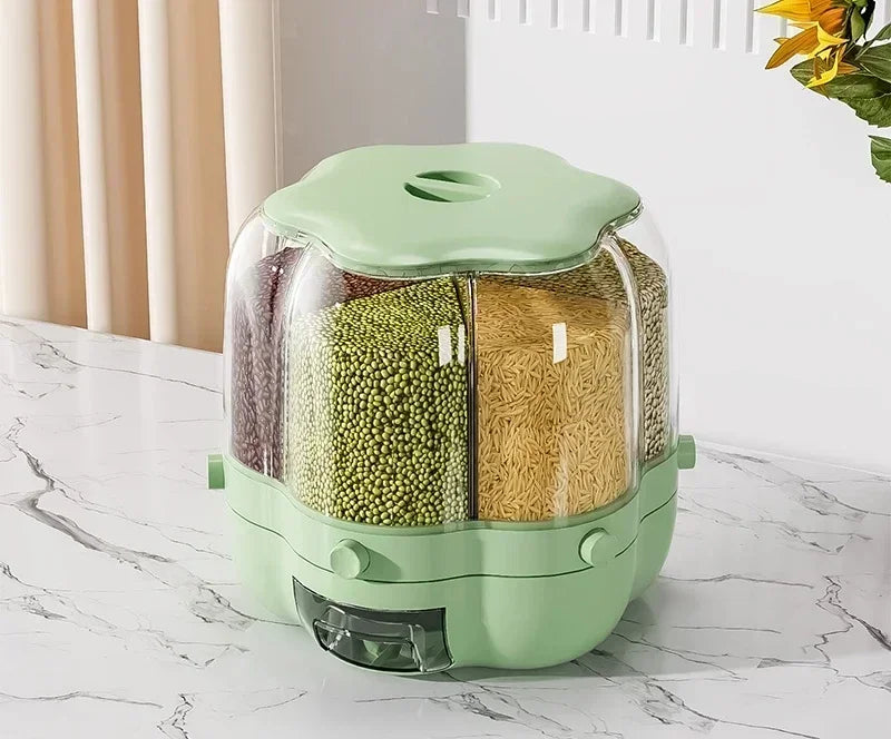 360° rotating cereal and grain dispenser with multiple compartments