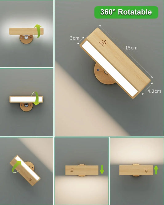 Wooden wall light fixture with measurement details on a gray background