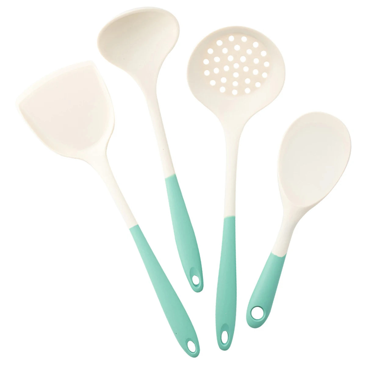 Set of four kitchen utensils with white and turquoise handles on a white background