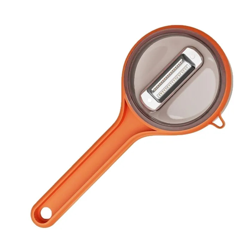 Orange vegetable peeler with a transparent handle on a white background