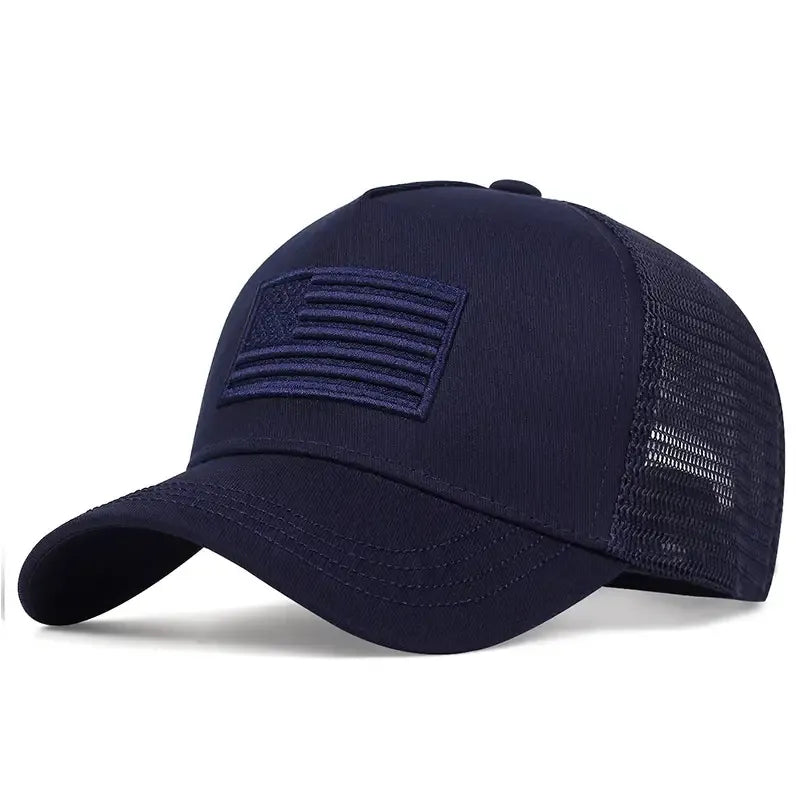 Navy blue cap with American flag patch on a white background