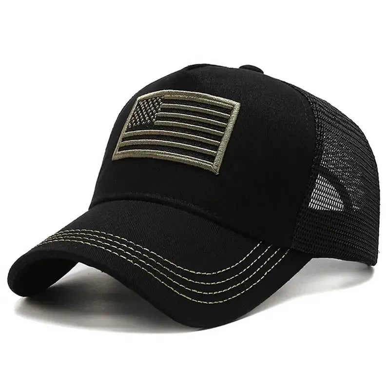 Black cap with American flag patch on a white background