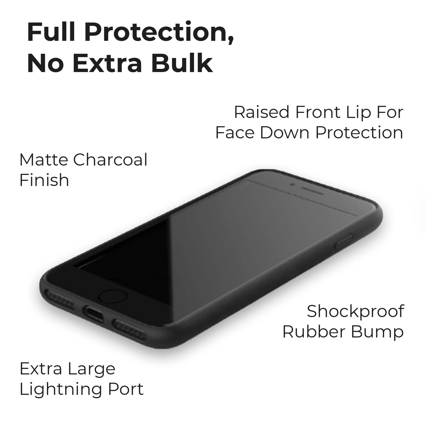 Side view of a sleek black protective phone case highlighting extra large lightning port and durable rubber edges