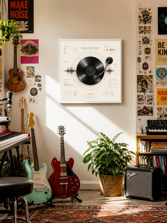 Resonance vinyl record wall art displayed in a stylish music room with guitars, records and contemporary décor.