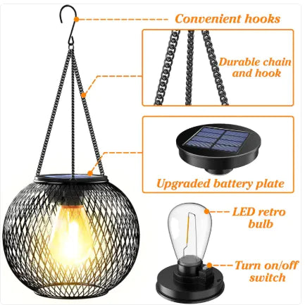 Solar-powered outdoor light with features highlighted on a white background